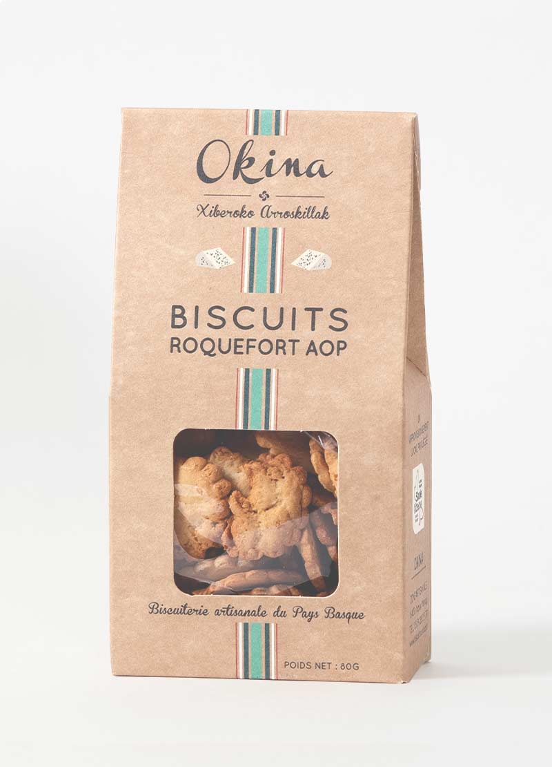Idéal pour l'apéritif, le biscuit okina se compose de Roquefort AOP (Roquefort).
